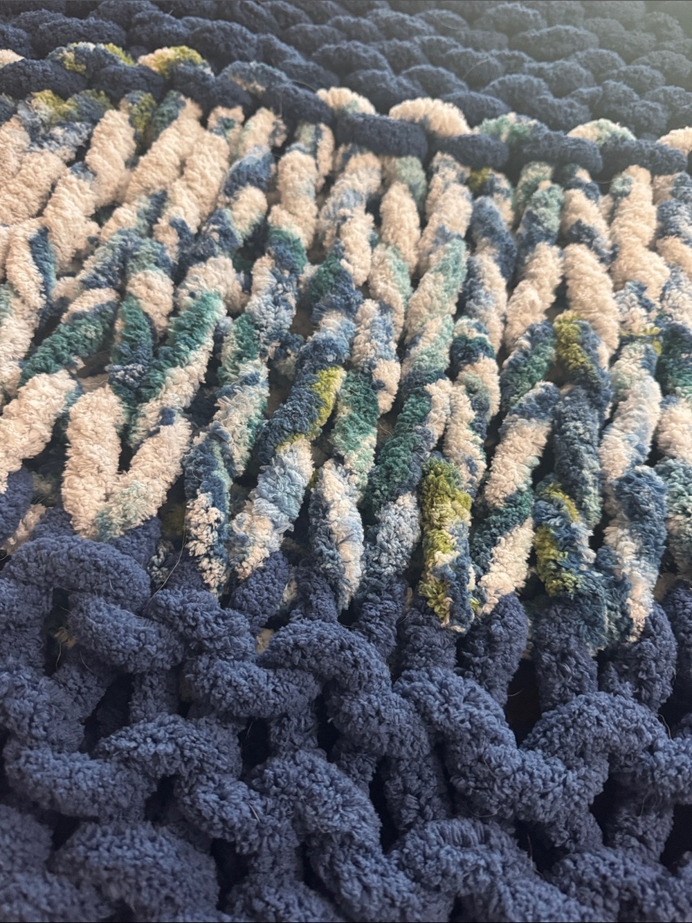 Handmade Chunky Knit Plush Knit Blanket/Throw in Blue and Blue Splash